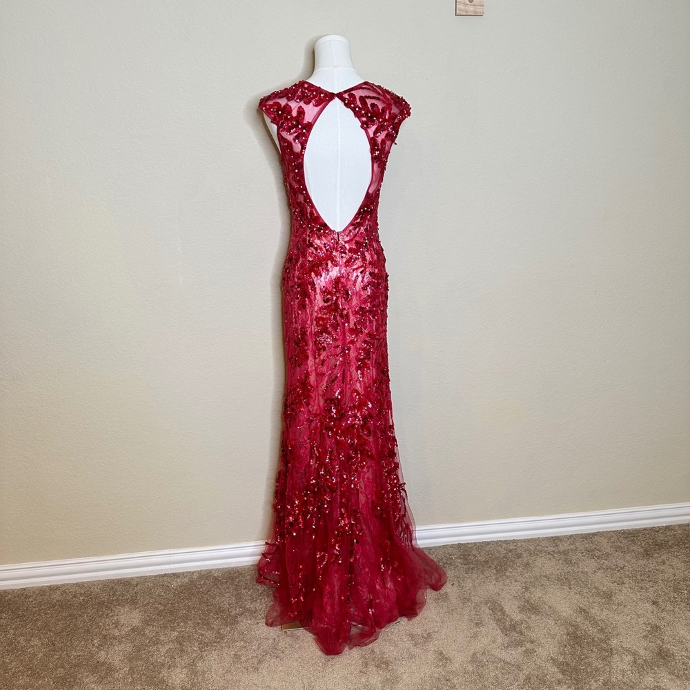 VTG Red Sequin Floral Lace Gown Sleeveless Keyhole Back Formal Evening Prom Gala - Picture 2 of 15